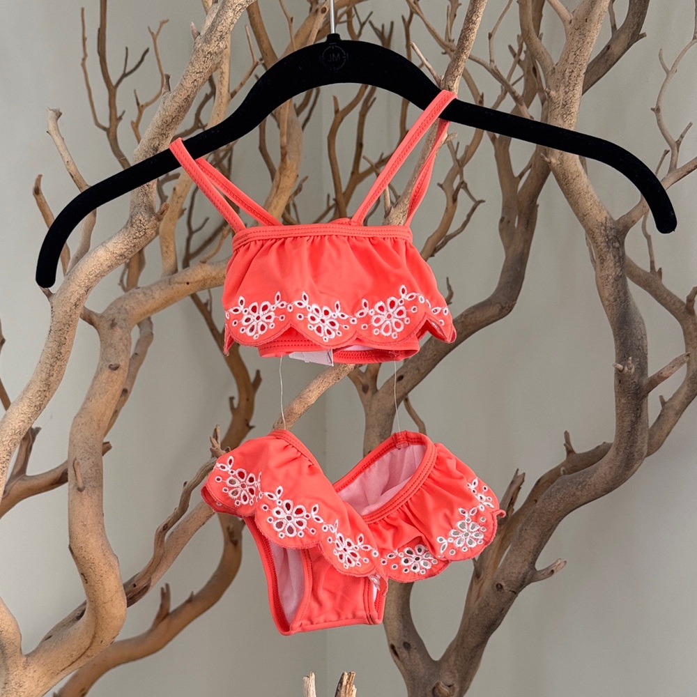 Janie and Jack Coral Pink Ruffle Eyelet Kids Swim Bikini